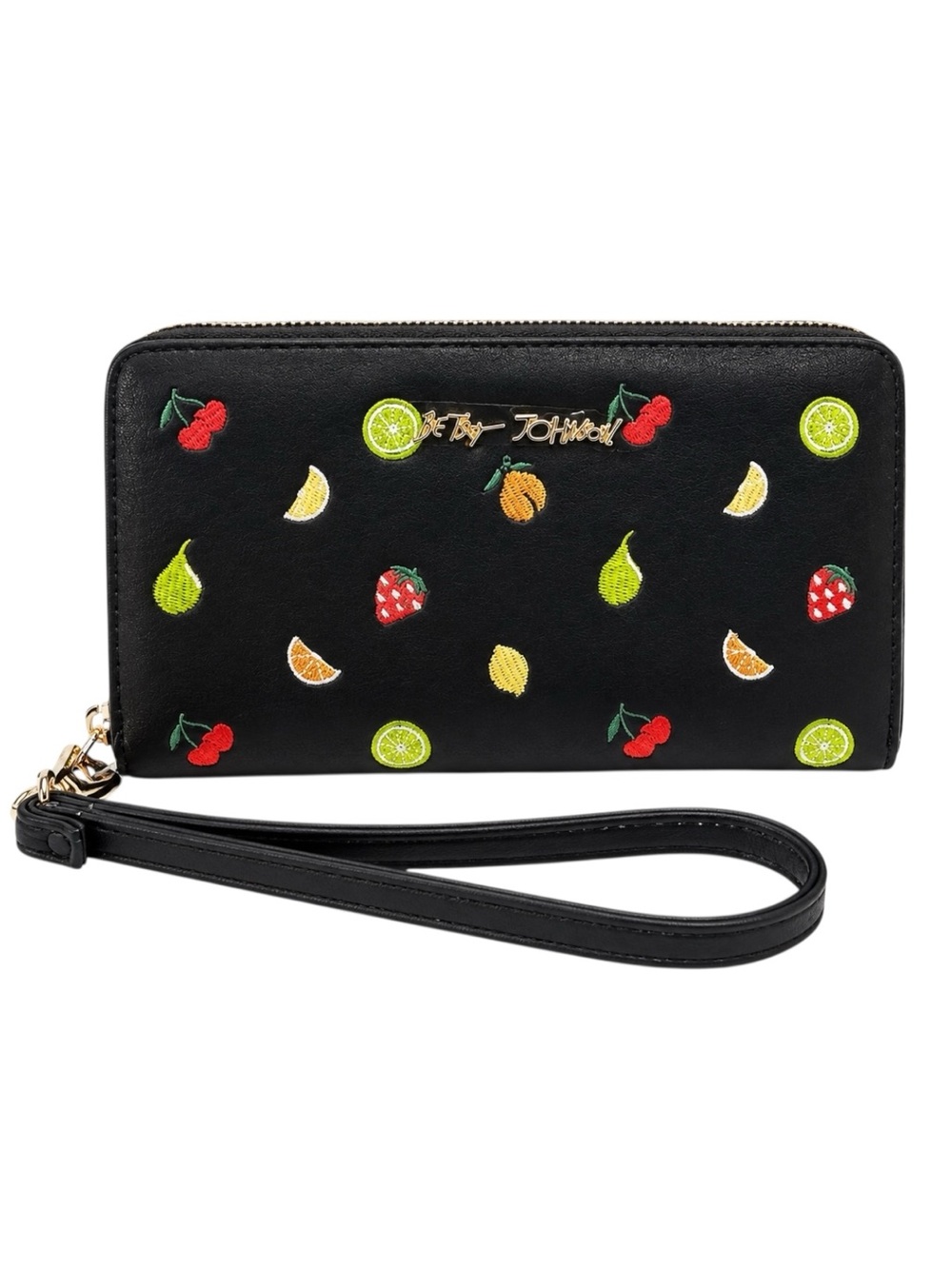 Betsey Johnson Black Fruit Embroidered Zip Wristlet Wallet